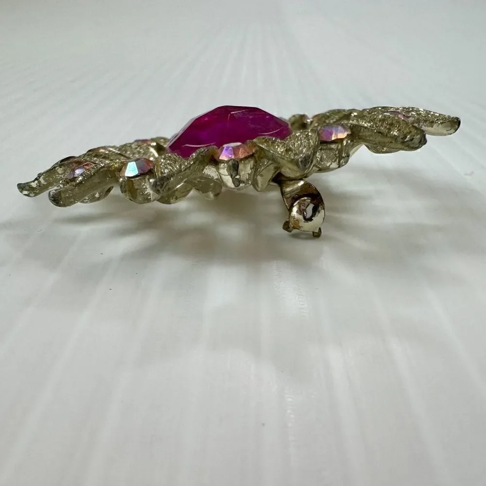 Vintage Pink Rhinestone Sunburst Brooch Gold Tone Floral Statement Pin